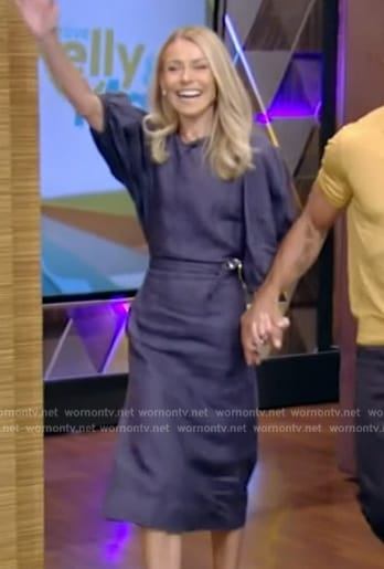 Kelly's blue balloon sleeve dress on Live with Kelly and Ryan