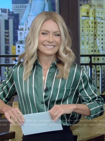 Kelly’s green stripe blouse on Live with Kelly and Mark