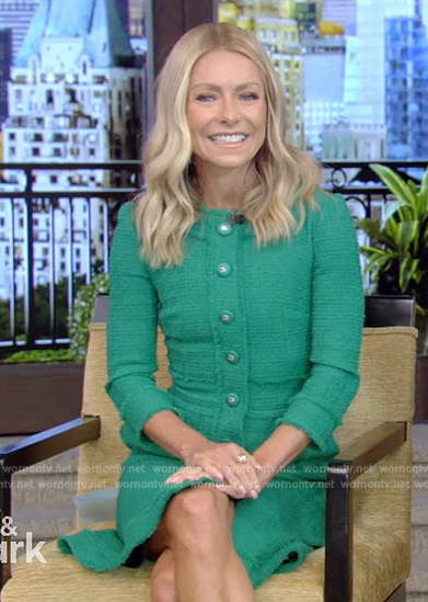 Kelly's green tweed button down dress on Live with Kelly and Mark