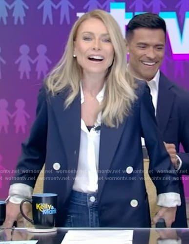 Kelly’s navy double breasted blazer on Live with Kelly and Mark