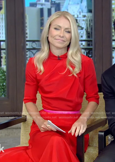 Kelly’s red mock meck midi dress on Live with Kelly and Mark