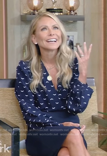 Kelly's blue printed blouse and skirt on Live with Kelly and Mark