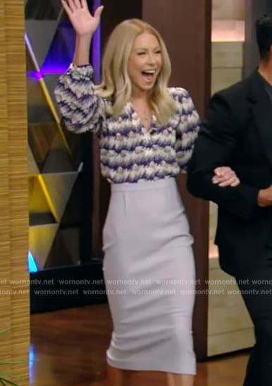 Kelly’s printed v-neck blouse on Live with Kelly and Mark