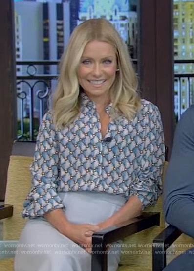 Kelly's blue geometric print blouse on Live with Kelly and Mark