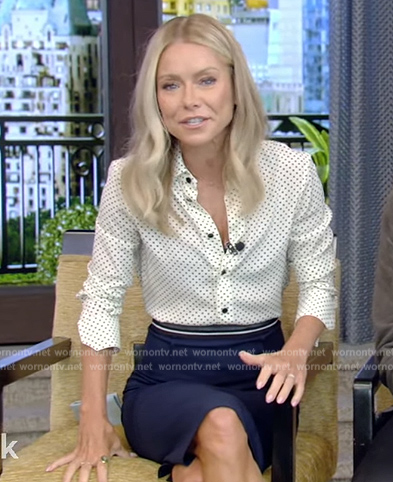 Kelly's white polka dot print blouse on Live with Kelly and Mark