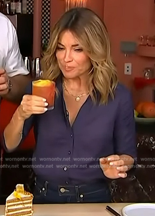 Kit's navy ruched sleeve shirt on Access Hollywood