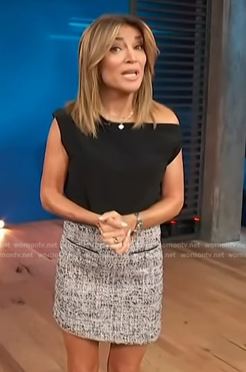Kit's one shoulder top and tweed mini skirt on Access Hollywood