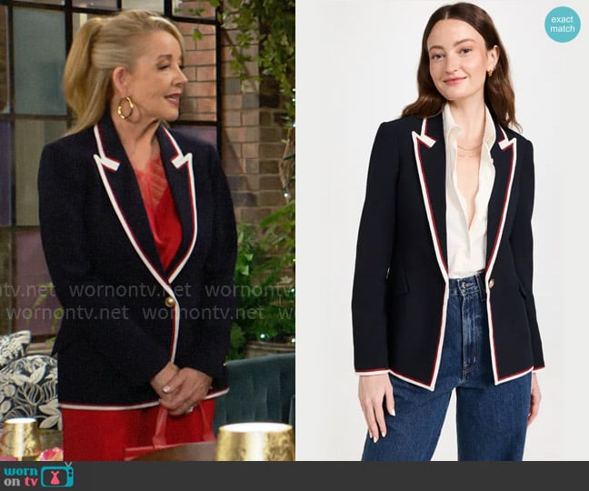 L'Agence Chamberlain Trim Blazer in Midnight/Even Stripe worn by Nikki Reed Newman (Melody Thomas-Scott) on The Young and the Restless