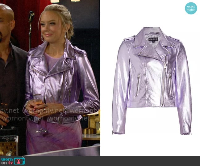 LaMarque Donna Met Leather Jacket in Lavender Metallic worn by Abby Newman (Melissa Ordway) on The Young and the Restless