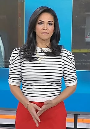 Laura Jarrett’s white striped puff sleeve top on Today