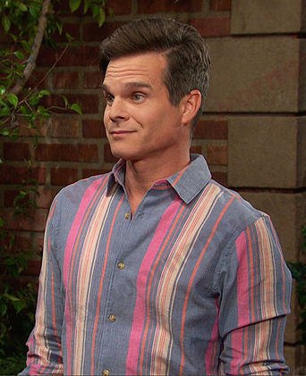Leo’s blue and pink striped shirt and pants on Days of our Lives