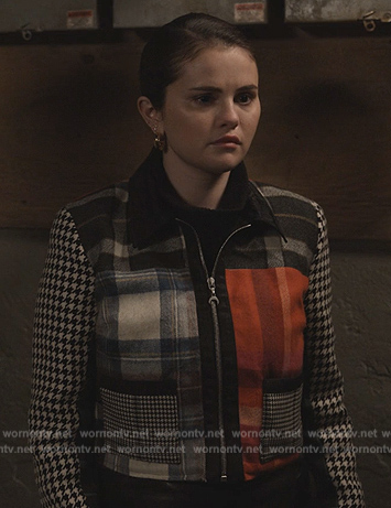 Mabel's mixed plaid jacket on Only Murders in the Building