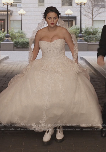 Mabel's white lace wedding dress on Only Murders in the Building