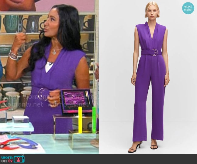 Mango Belt long jumpsuit in Purple worn by Elizabeth Werner on CBS Mornings