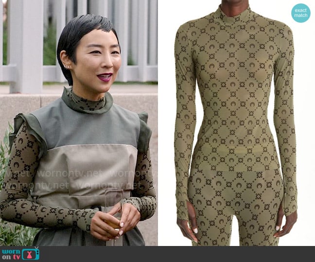 Marine Serre Moonogram Flocked Mesh Top worn by Stella Bak (Greta Lee) on The Morning Show