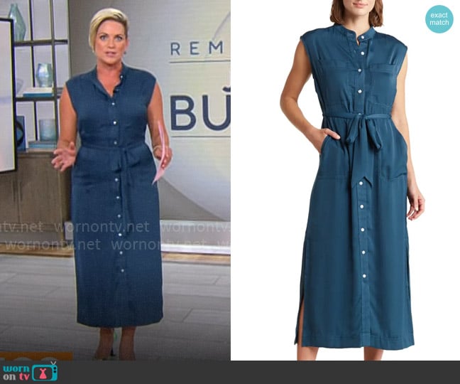 Melloday Sleeveless Button Front Satin Shirtdress in Dark Blue worn by Jamie Yuccas on CBS Mornings