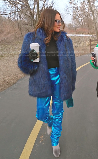 Meredith's blue fur jacket and metallic pants on The Real Housewives of Salt Lake City