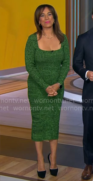 Michelle Miller's green marled knit midi dress on CBS Mornings