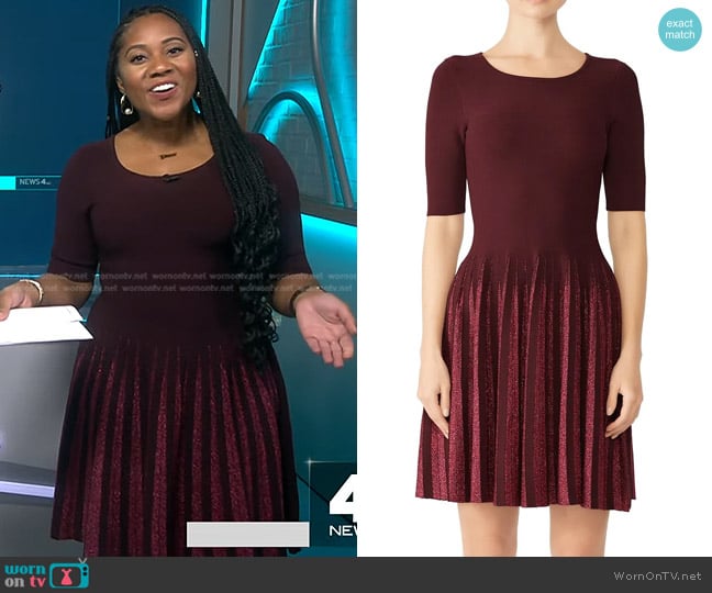 WornOnTV Kay s burgundy lurex pleated dress on NBC News Daily Kay Angrum Clothes and Wardrobe from TV