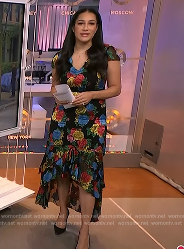 Morgan’s black floral high and low dress on NBC News Daily