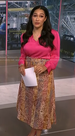 Morgan's pink blouse and paisley print skirt on NBC News Daily