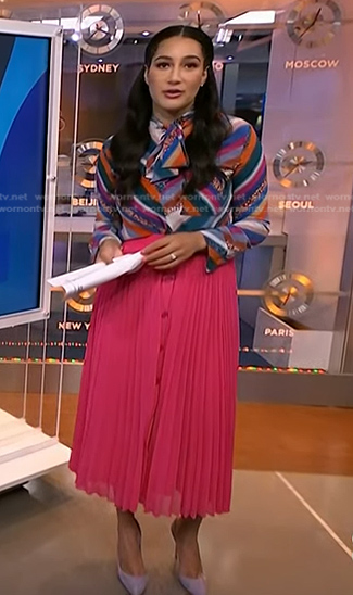 Morgan's striped blouse and pink pleated skirt on NBC News Daily