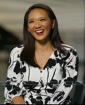 Nancy Chen’s white and black floral dress on CBS Evening News