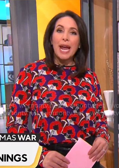 Nancy Cordes' red floral top on CBS Mornings