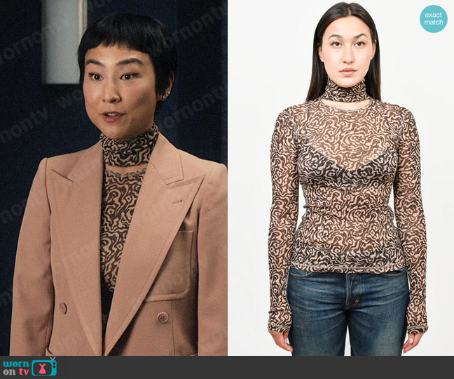 Nanushka Printed Mesh Cutout Turtleneck Top worn by Stella Bak (Greta Lee) on The Morning Show