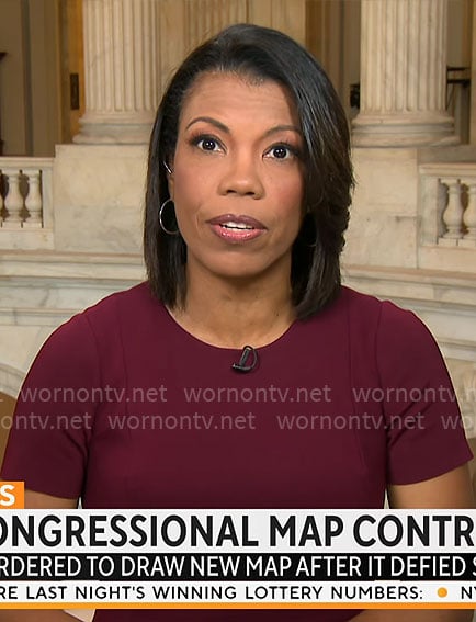 Nikole Killion’s burgundy short sleeve dress on CBS Mornings