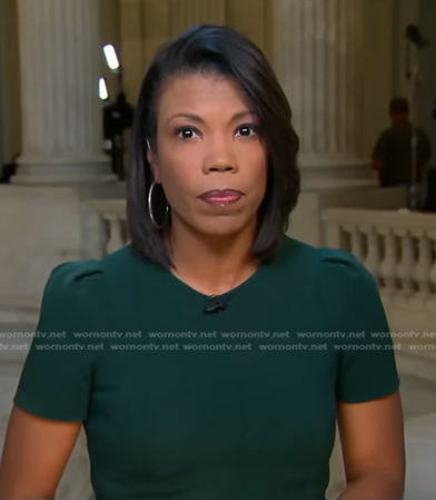 Nikole Killion's green short sleeve dress on CBS Evening News