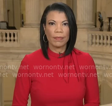 Nikole Killion's red tie neck shift dress on CBS Mornings