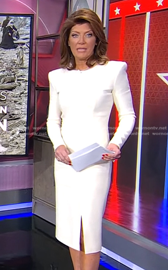 Norah's white long sleeve sheath dress on CBS Evening News