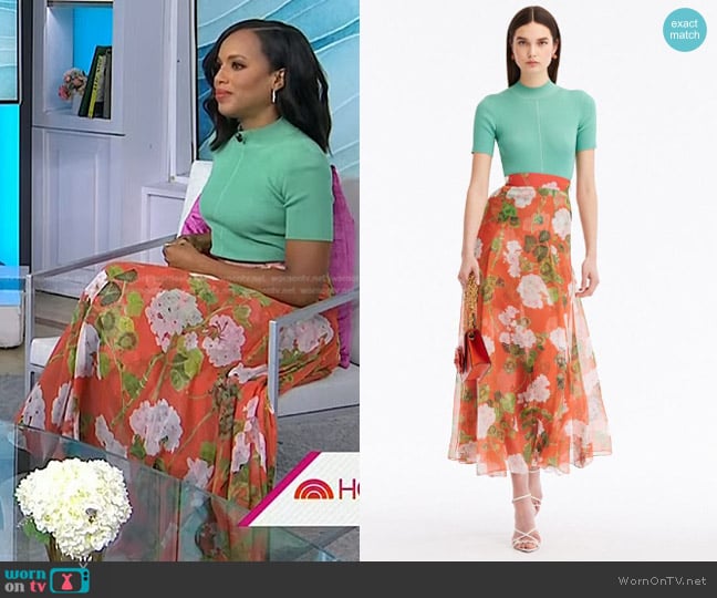 Oscar de la Renta Short Sleeve Pull Over in Sage and Geranium Skirt worn by Kerry Washington on Today