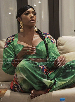 Porsha's green printed top and pants on The Real Housewives Ultimate Girls Trip