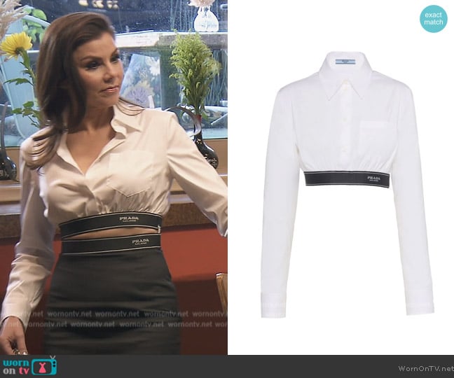 Prada Logo-trim stretch-poplin cropped shirt worn by Heather Dubrow on The Real Housewives of Orange County