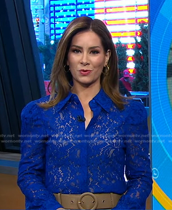 Rebecca's blue lace blouse and belted skirt on Good Morning America