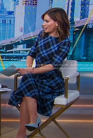 Rebecca Jarvis’s blue plaid midi dress on Good Morning America