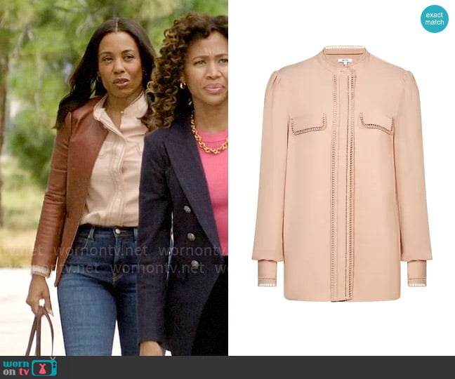 Reiss Felicia Ladder-Trim Long-Sleeve Blouse worn by Mia Jordan (Karen Pittman) on The Morning Show