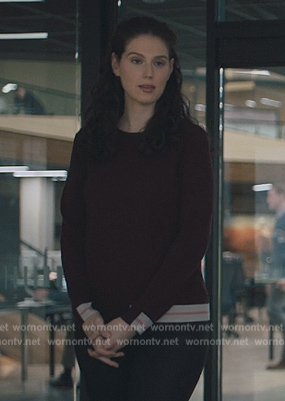 Riann’s burgundy stripe trim sweater on Billions