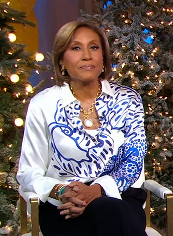 Robin's white and blue print shirt on Good Morning America