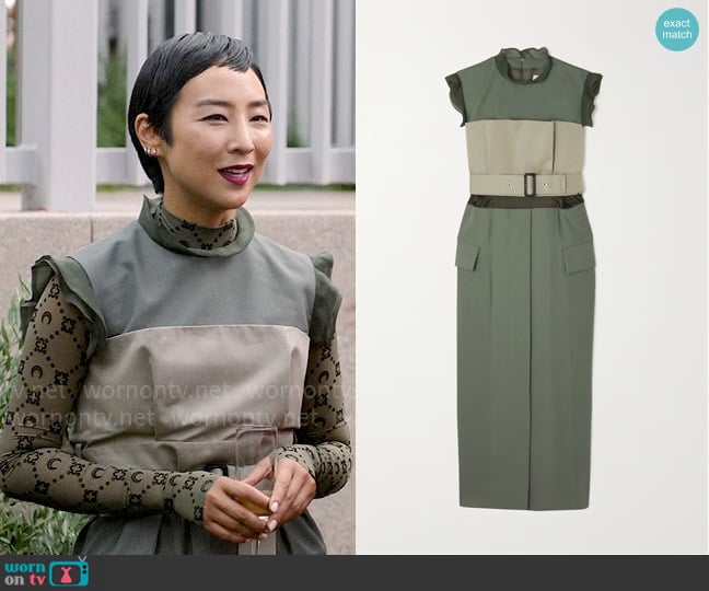 Sacai Belted paneled chiffon-trimmed woven midi dress worn by Stella Bak (Greta Lee) on The Morning Show