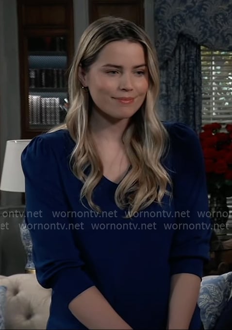 Sasha’s blue v-neck top on General Hospital