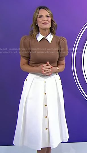 Savannah’s brown puff sleeve top and white skirt on Today