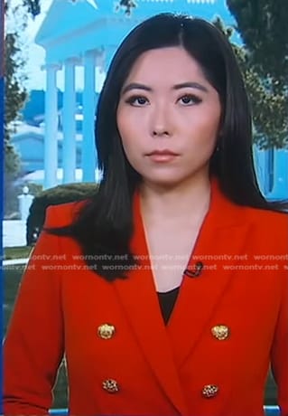 Selina Wang’s red blazer with gold buttons on Good Morning America