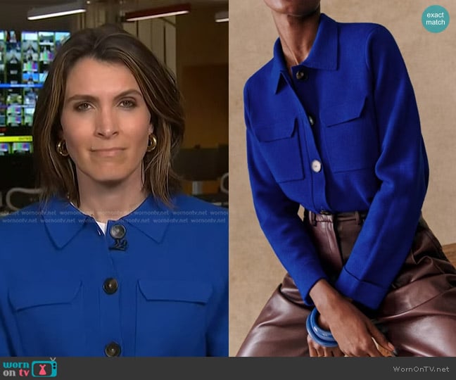 Sezane Betty Cardigan in Bright Blue worn by Molly Hunter on NBC News Daily