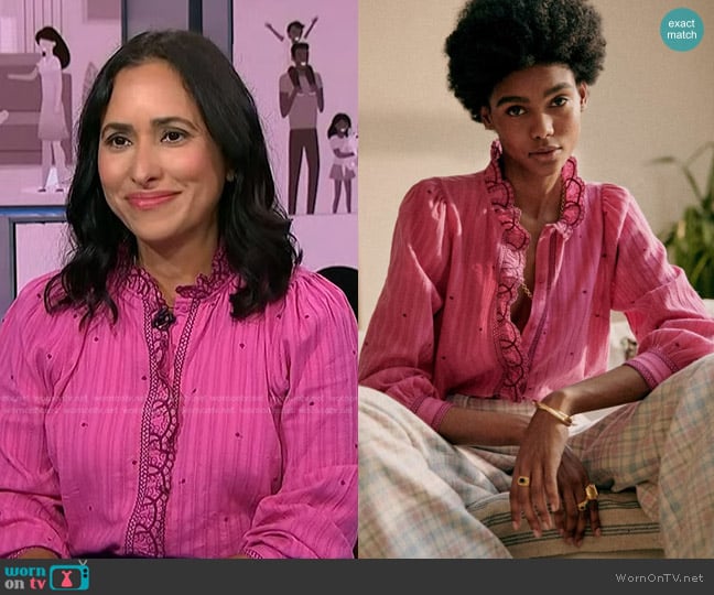 Sezane Mathilda Shirt in Magenta worn by Grace Bastidas on NBC News Daily