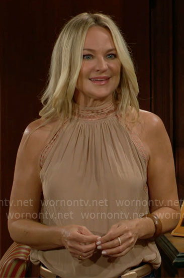 Sharon's beige embroidered top on The Young and the Restless