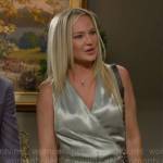 Sharon’s long green silky wrap dress on The Young and the Restless