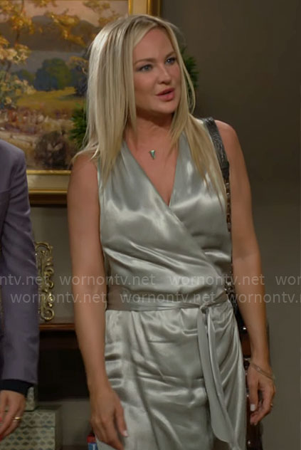 Sharon's long green silky wrap dress on The Young and the Restless